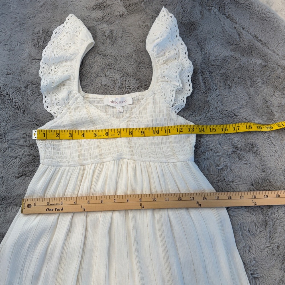 White w/ Metallic Thread Smocked Eyelet Ruffle Sleeve Tiered Mini Dress Small - Picture 9 of 16